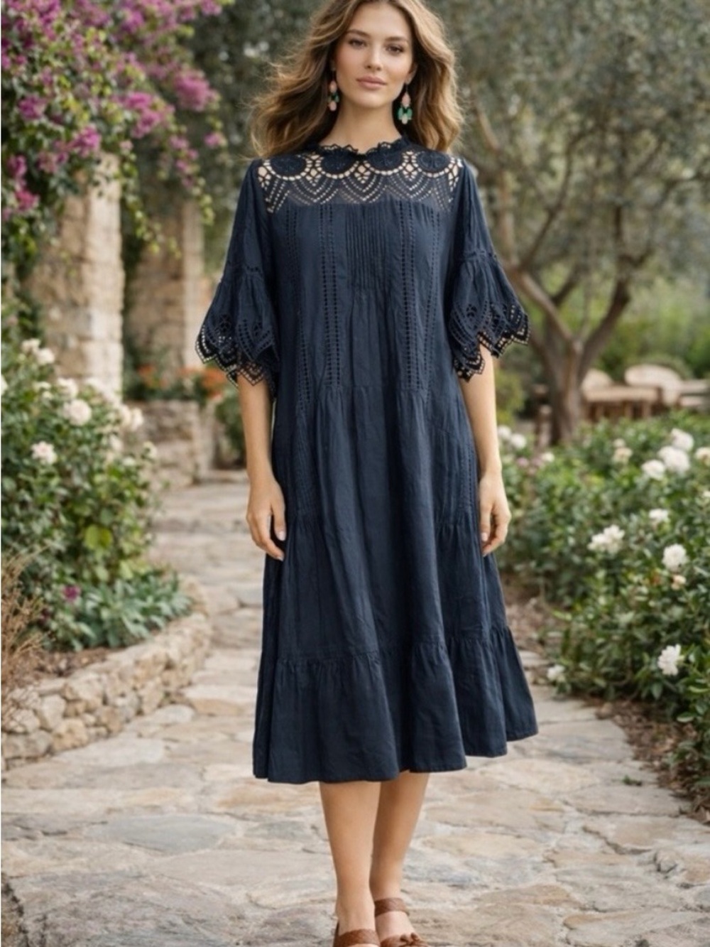 Johnny Was Karolina Midi Dress Black Lace Small Cotton Boho Romantic Chic